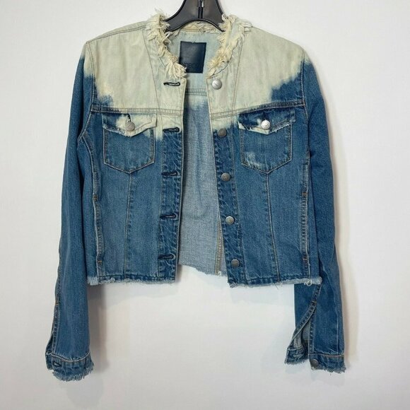Nobody Womens Bleached Denim Cropped Trucker Jacket Blue S Long Sleeve Raw Hem - Picture 1 of 6